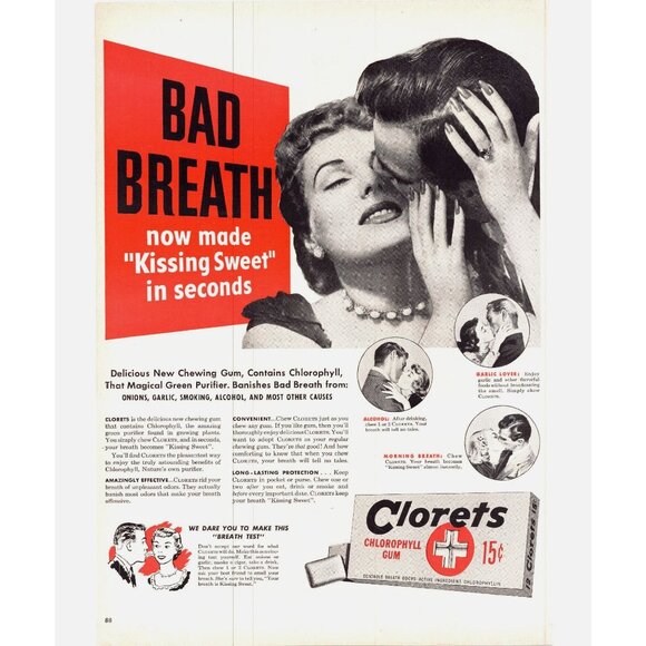 1951 Clorets Chorophyll Gum Kissing Sweet Vintage Print Ad Bad Breath Wall Art - Picture 1 of 2